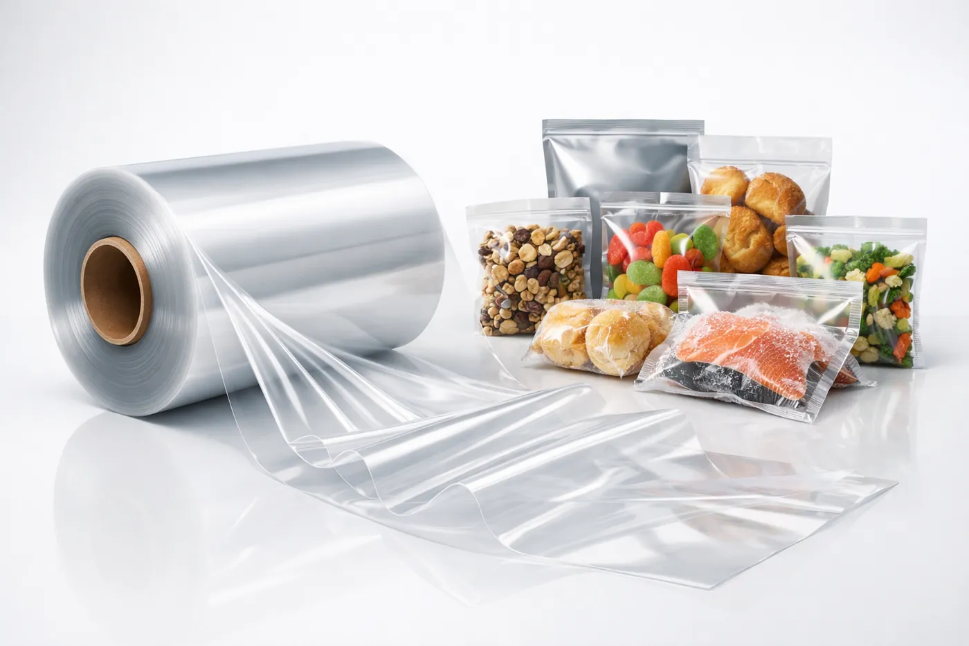 Bobina de película grado alimenticio con bolsas para alimentos